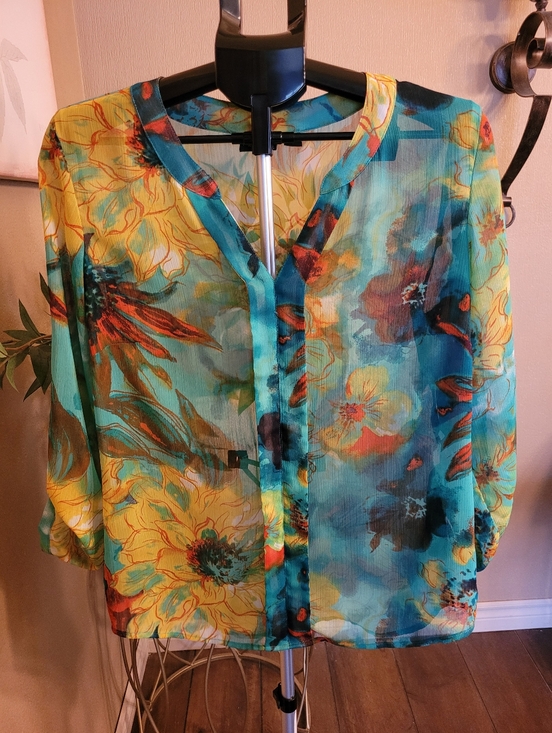 Tribal Tops - TRIBAL Sheer Floral Print V-Neck Blouse